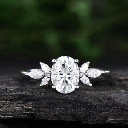 Vintage oval cut moissanite engagement ring 14k rose gold leaf flower marquise cut diamond cluster engagement ring wedding ring for women