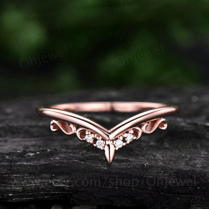 Unique moissanite wedding band 14k rose gold vintage style wedding ring band moon ring antique ring bridal anniversary band stacking ring