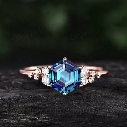 Vintage hexagon cut Alexandrite engagement ring rose gold unique cluster snowdrift diamond engagement ring six prong wedding ring for women
