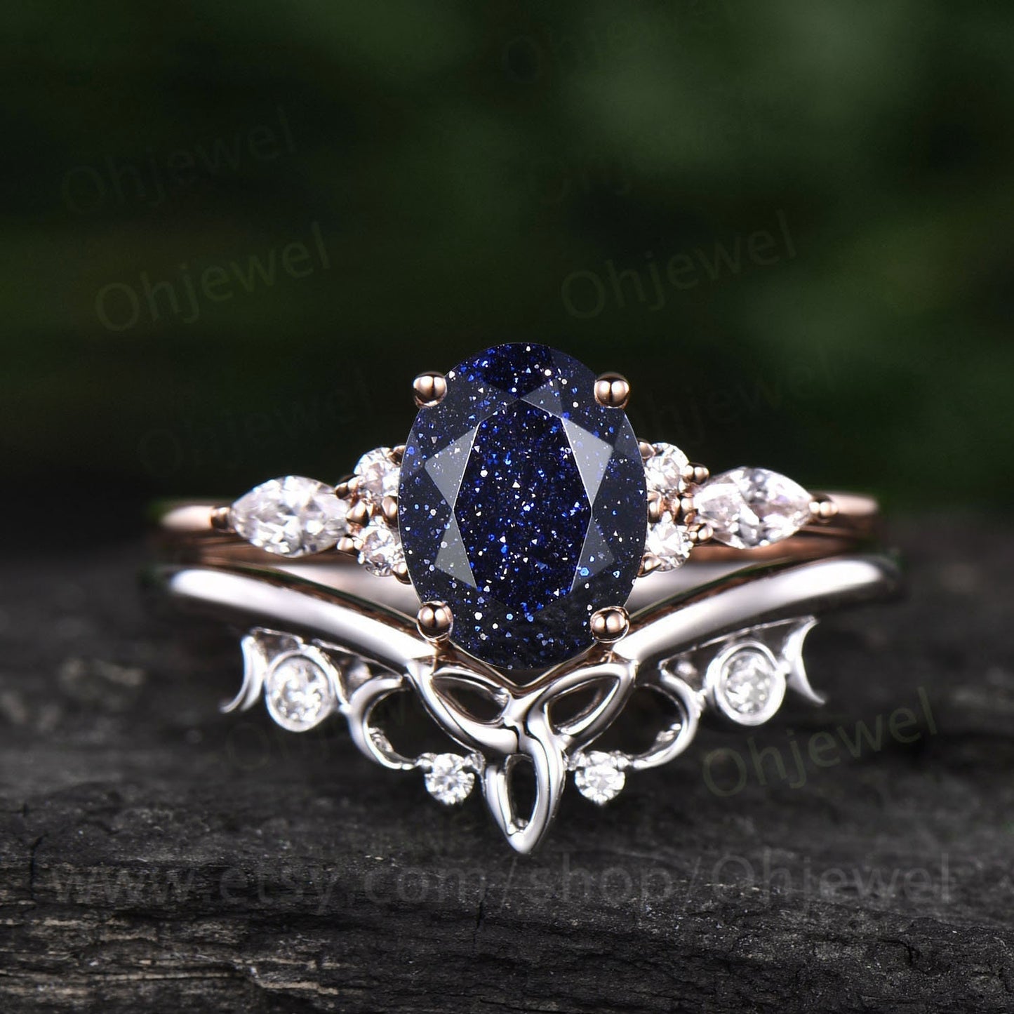 Oval blue sandstone engagement ring set 14k white gold Galaxy vintage unique engagement ring moissanite ring for women Norse Viking Jewelry