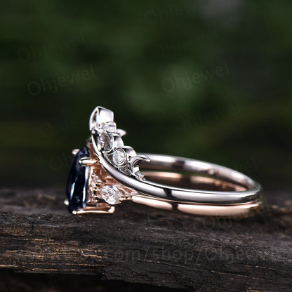 Oval blue sandstone engagement ring set 14k rose gold Galaxy vintage unique engagement ring moissanite ring for women Norse Viking Jewelry