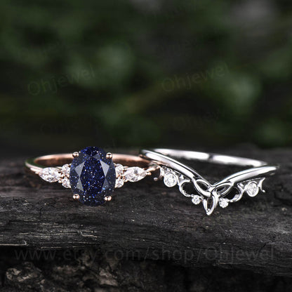 Oval blue sandstone engagement ring set 14k rose gold Galaxy vintage unique engagement ring moissanite ring for women Norse Viking Jewelry