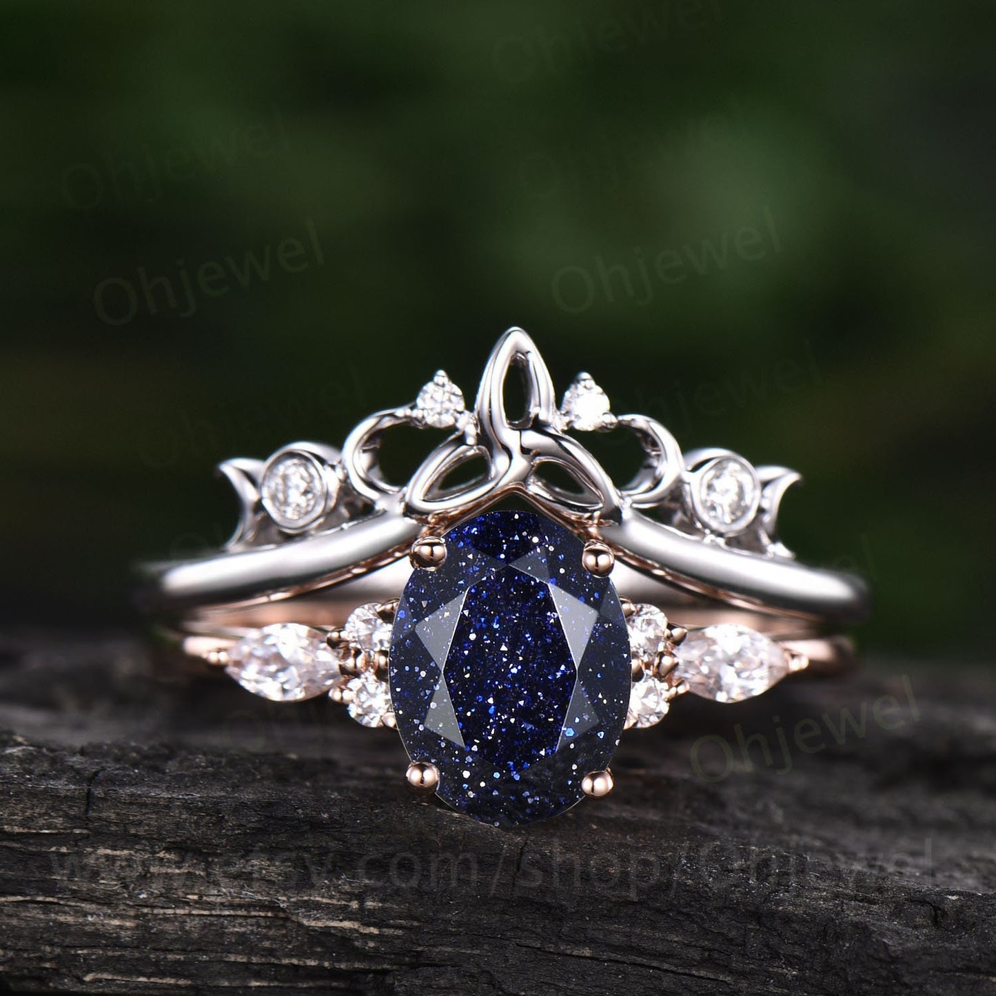 Oval blue sandstone engagement ring set 14k rose gold Galaxy vintage unique engagement ring moissanite ring for women Norse Viking Jewelry