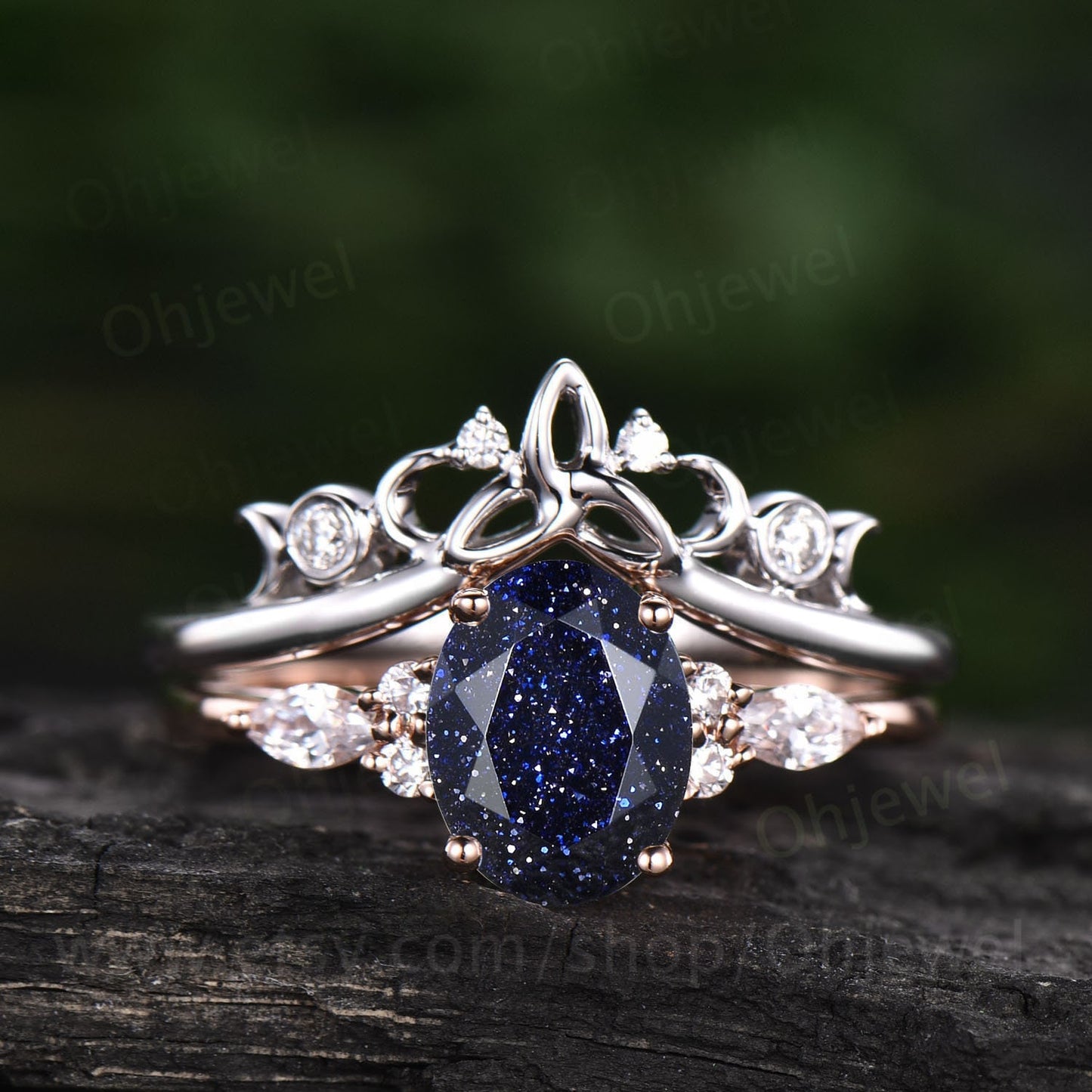 Oval blue sandstone engagement ring set 14k white gold Galaxy vintage unique engagement ring moissanite ring for women Norse Viking Jewelry
