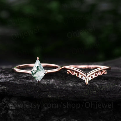 Vintage green moss agate engagement ring set 14k rose gold kite shaped moss agate ring silver antique moissanite wedding ring set for women