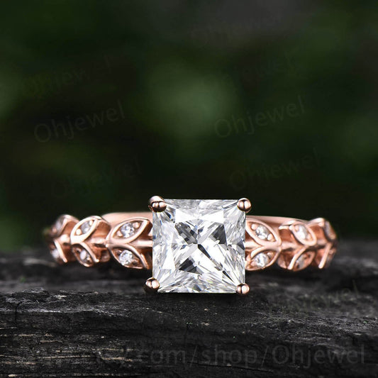 Princess cut moissanite engagement ring leaf art deco unique vintage style rose gold engagement ring handmade dainty wedding ring for women