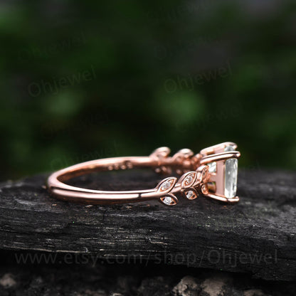 Princess cut moissanite engagement ring leaf art deco unique vintage style rose gold engagement ring handmade dainty wedding ring for women