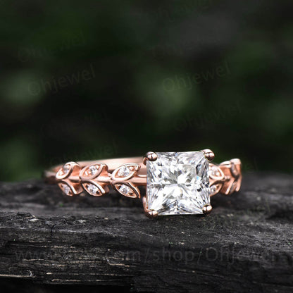 Princess cut moissanite engagement ring leaf art deco unique vintage style rose gold engagement ring handmade dainty wedding ring for women