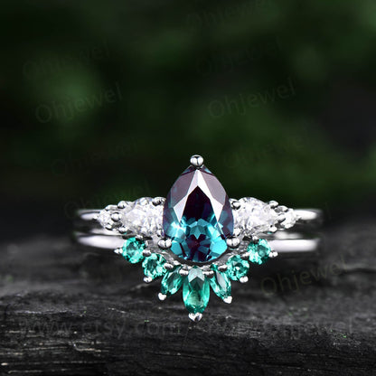 Vintage Alexandrite ring set rose gold silver women pear Alexandrite engagement ring set five stone moissantie ring art deco emerald ring