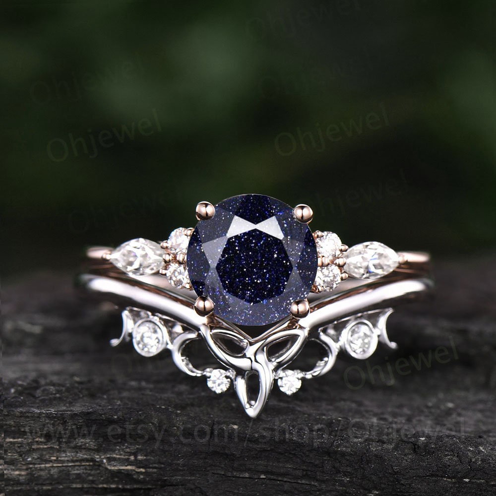 Vintage round blue sandstone engagement ring set 14k rose gold Galaxy unique engagement ring moissanite ring for women Norse Viking Jewelry