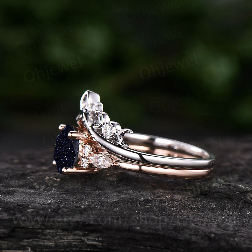 Vintage round blue sandstone engagement ring set 14k rose gold Galaxy unique engagement ring moissanite ring for women Norse Viking Jewelry