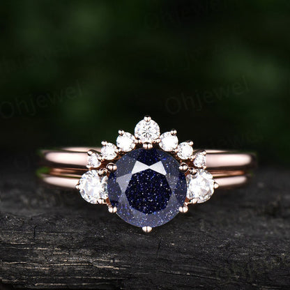 Vintage round blue sandstone engagement ring set three stone galaxy unique rose gold engagement ring moissanite wedding ring set for women