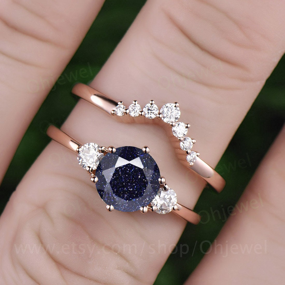 Vintage round blue sandstone engagement ring set three stone galaxy unique rose gold engagement ring moissanite wedding ring set for women