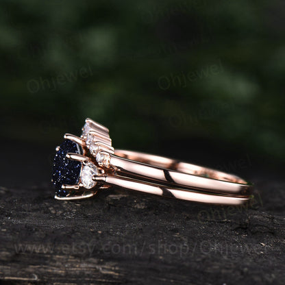 Vintage round blue sandstone engagement ring set three stone galaxy unique rose gold engagement ring moissanite wedding ring set for women