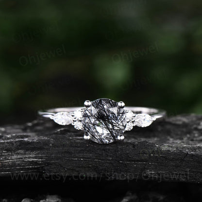 Vintage round black rutilated quartz engagement ring set 14k rose gold marquise moissanite wedding ring set for women Norse Viking Jewelry