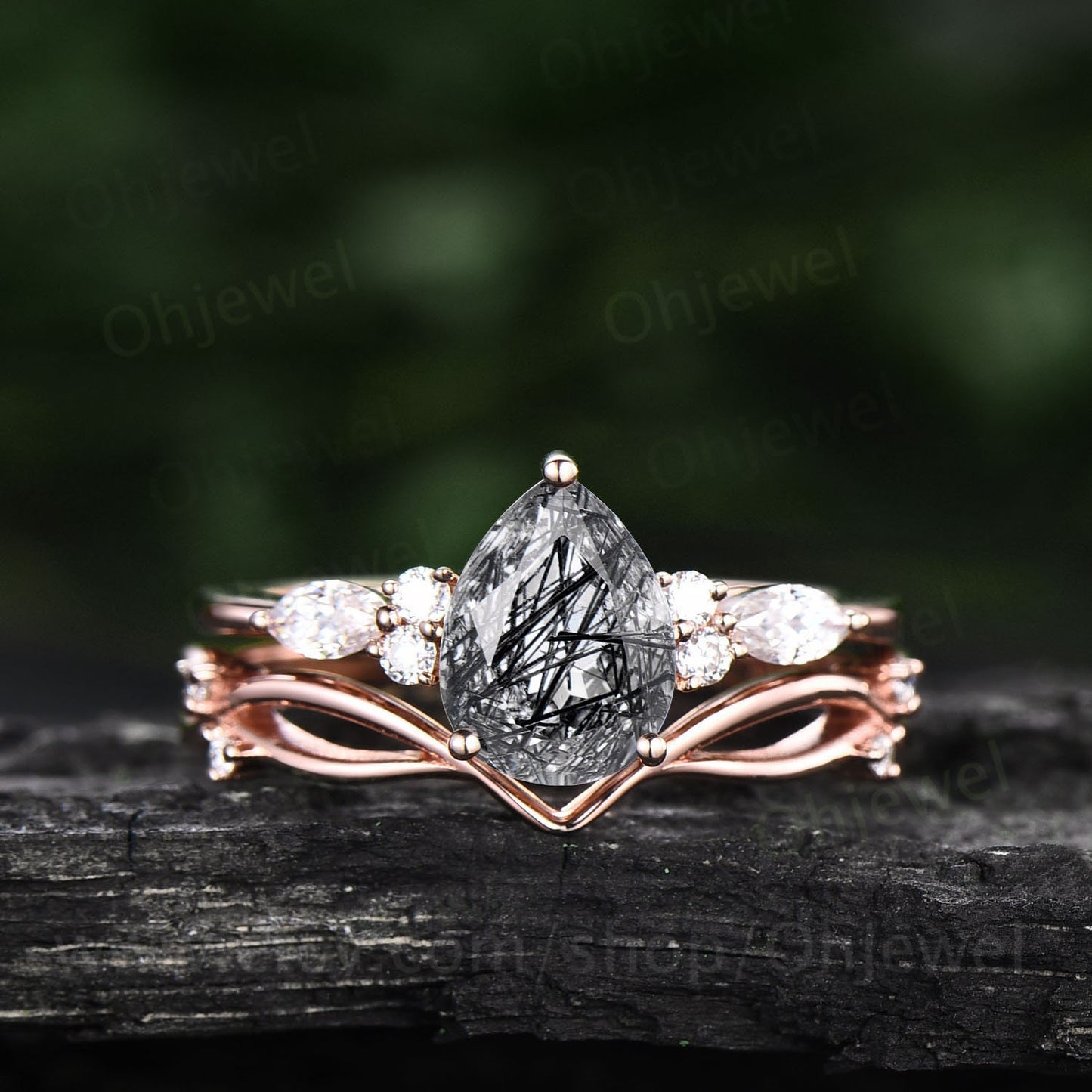 Pear shaped black rutilated quartz engagement ring set rose gold unique vintage engagement ring moissanite ring wedding ring set for women