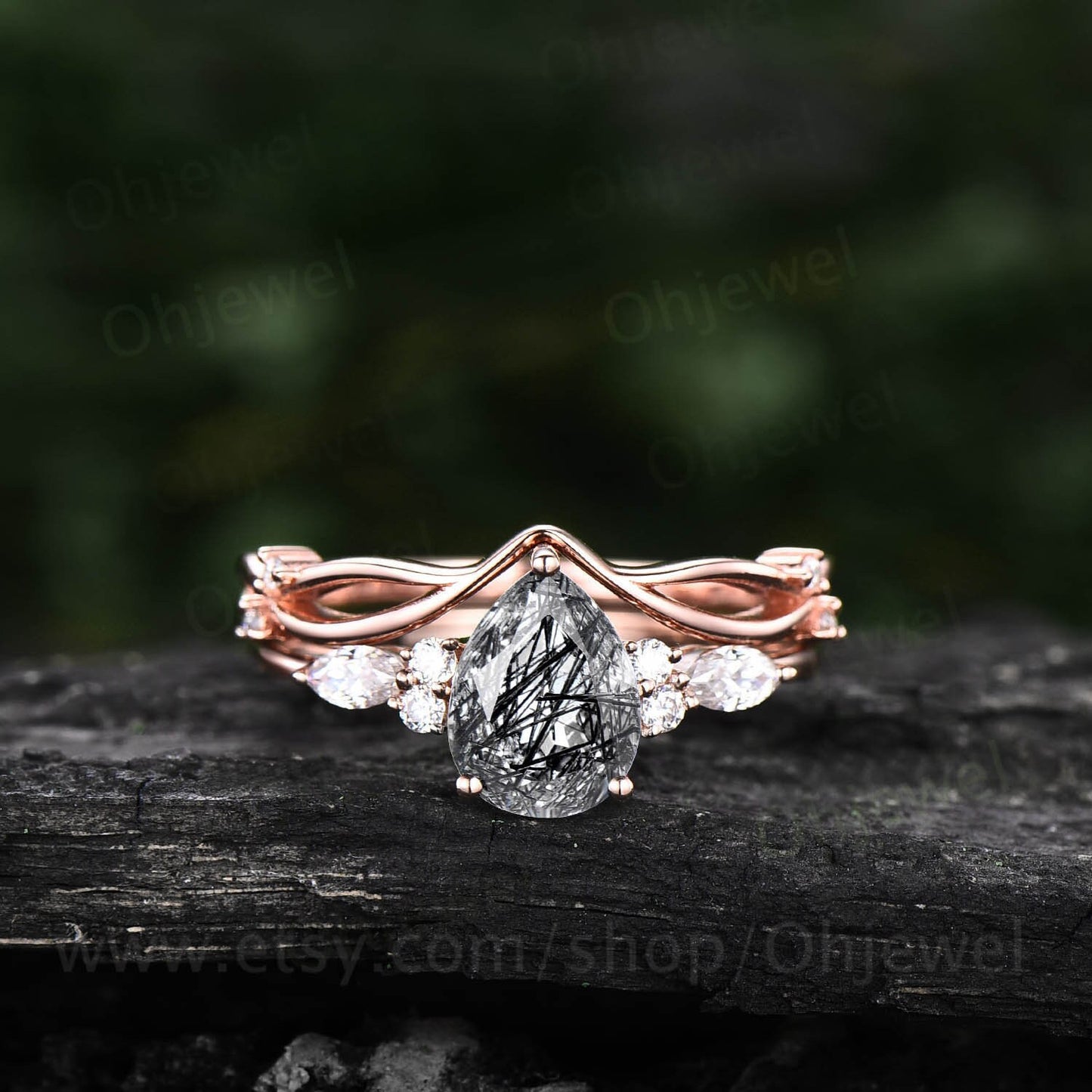 Pear shaped black rutilated quartz engagement ring set rose gold unique vintage engagement ring moissanite ring wedding ring set for women
