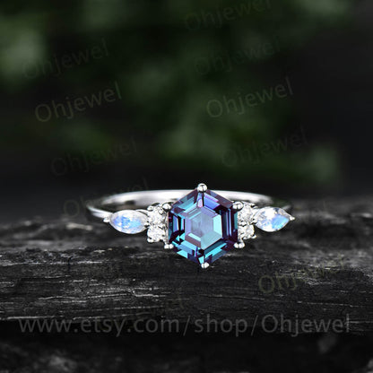 Hexagon cut Alexandrite engagement ring rose gold vintage unique marquise moonstone engagement ring art deco opal wedding ring for women