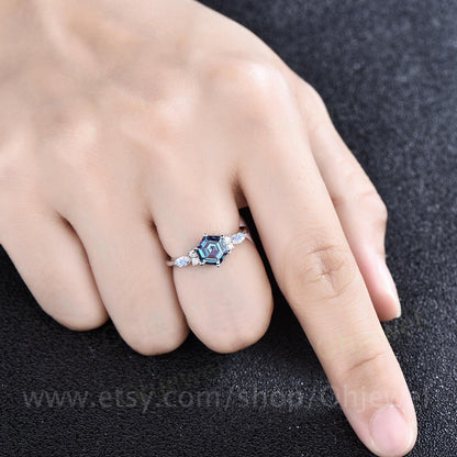 Hexagon cut Alexandrite engagement ring rose gold vintage unique marquise moonstone engagement ring art deco opal wedding ring for women