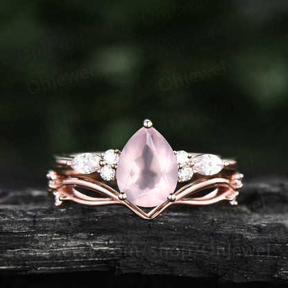 Unique vintage Pear shaped rose quartz engagement ring set rose gold art deco ring rose quartz ring silver moissanite bridal ring set women
