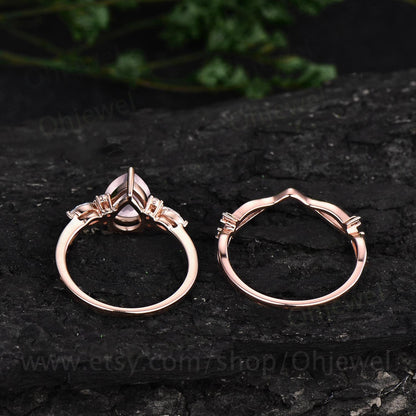 Unique vintage Pear shaped rose quartz engagement ring set rose gold art deco ring rose quartz ring silver moissanite bridal ring set women