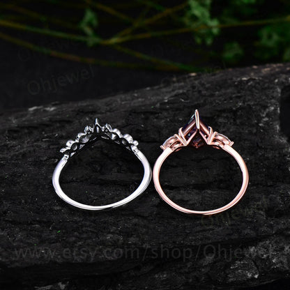 Vintage kite cut blue sandstone engagement ring set rose gold art deco three stone moissanite ring unique bridal wedding ring set for women