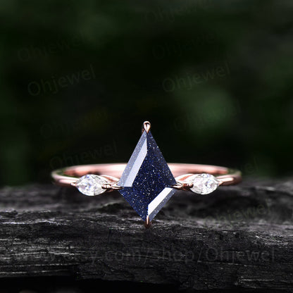 Vintage kite cut blue sandstone engagement ring set rose gold art deco three stone moissanite ring unique bridal wedding ring set for women