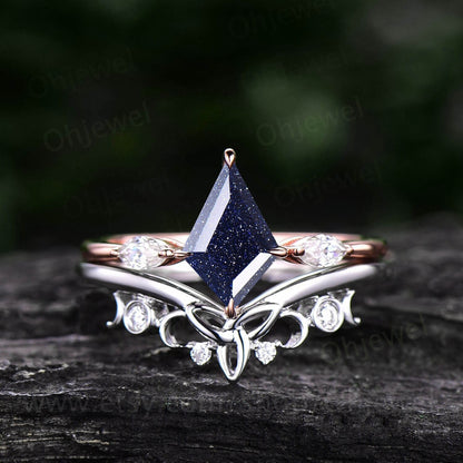 Vintage kite cut blue sandstone engagement ring set rose gold art deco three stone moissanite ring unique bridal wedding ring set for women