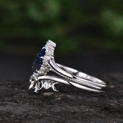 Pear shaped blue sandstone engagement ring set 14k white gold vintage unique engagement ring dainty moissanite wedding ring set for women
