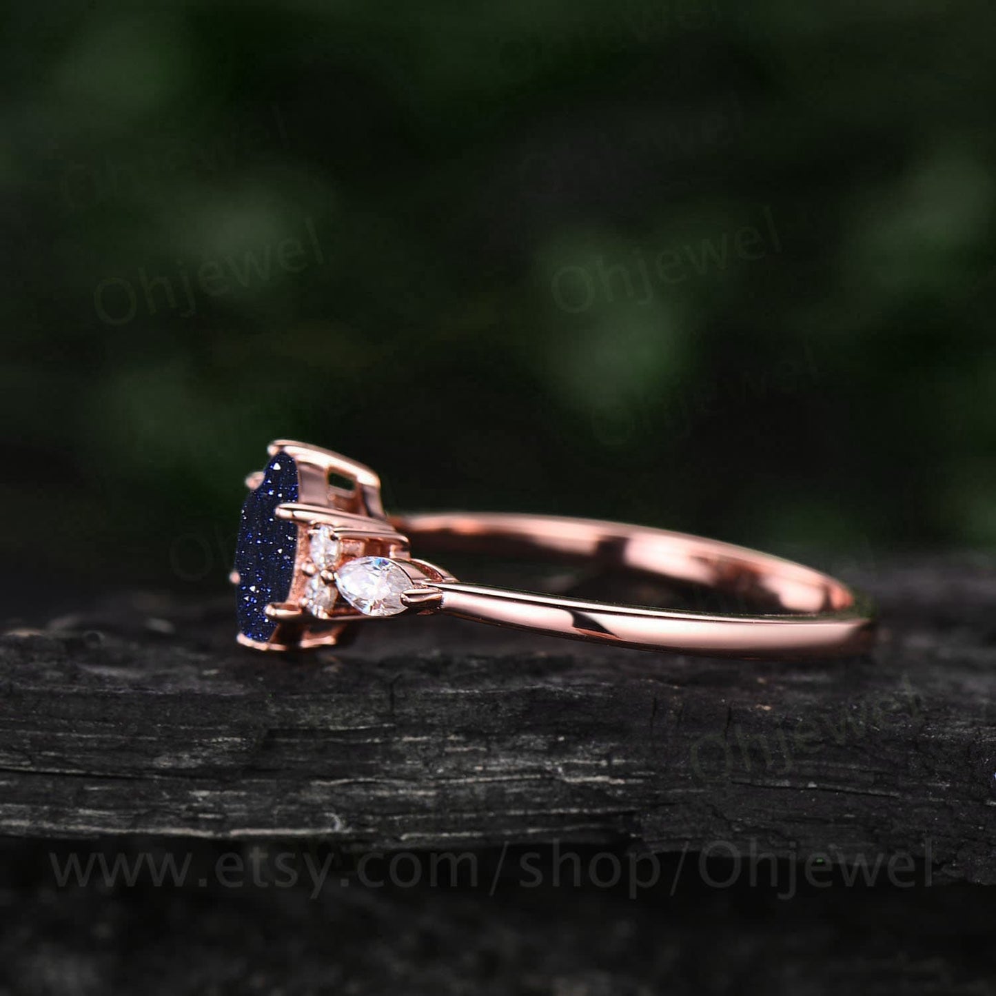 Vintage hexagon blue sandstone engagement ring art deco 14k rose gold silver 7 stone moissanite ring for women wedding anniversary ring gift