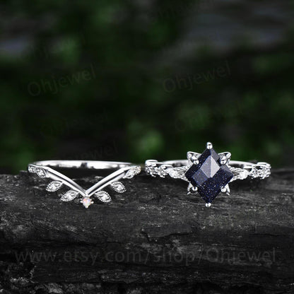 Unique kite shaped blue sandstone engagement ring set 14k white gold silver vintge moissanite ring antique leaf flower opal ring for women