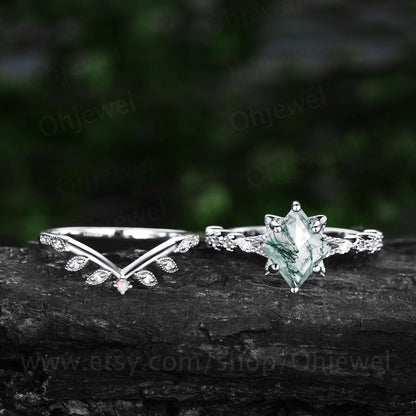 Kite cut green moss agate ring rose gold unique engagement ring set women leafopal ring silver moissanite bridal wedding promise ring set