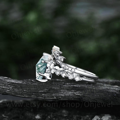 Unique vintage kite shaped green moss agate engagement ring set 14k white gold silver leaf flower art deco moissanite opal ring for women