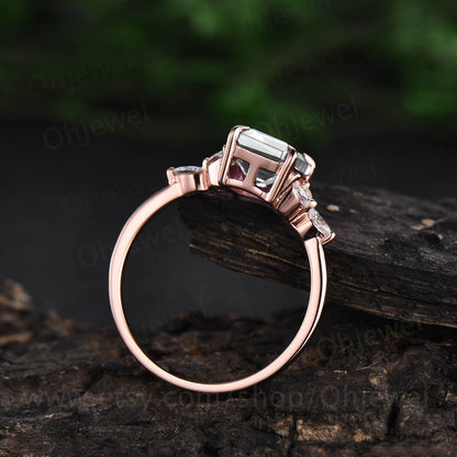 Vintage moissanite engagement ring 14k rose gold emerald cut ring art deco flower ring marquise cut moissanite ring for women wedding ring