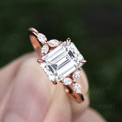 Vintage moissanite engagement ring 14k rose gold emerald cut ring art deco flower ring marquise cut moissanite ring for women wedding ring