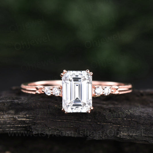 Vintage emerald cut moissanite engagement ring rose gold five stone minimalist milgrain diamond ring for women unique wedding ring silver