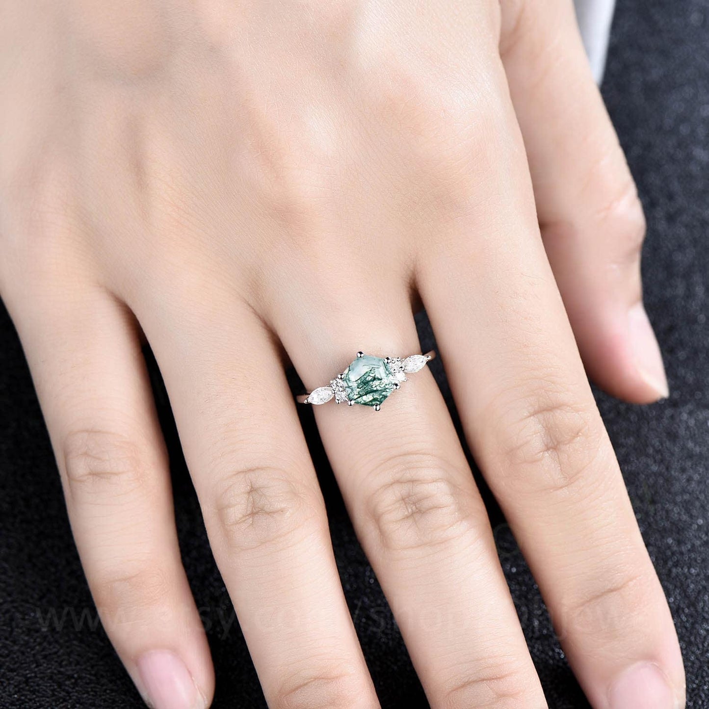 7mm Hexagon cut green moss agate engagement ring white gold 6 prong marquise unique engagement ring for women vintage diamond wedding ring