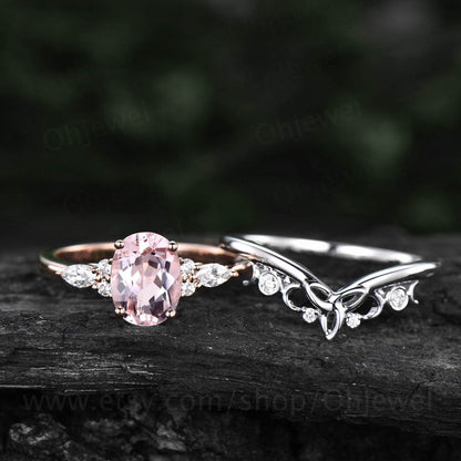 Unique wedding ring set vintage pink morganite engagement ring set rose gold oval cut ring moissanite ring women norse viking ring Jewelry