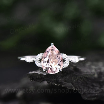 Unique pear shaped pink morganite engagement ring set rose gold flower dainty crown art deco moissanite ring set vintage bridal set women