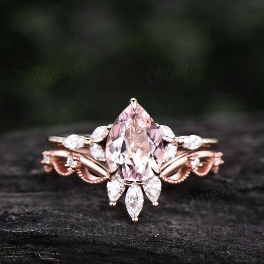 Unique pear shaped pink morganite engagement ring set rose gold flower dainty crown art deco moissanite ring set vintage bridal set women