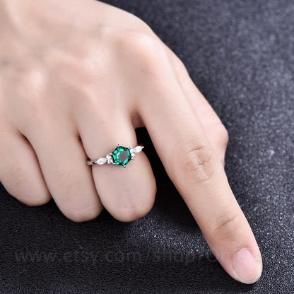 Hexagon emerald ring dainty vintage emerald engagement ring 7 stone marquise moissanite ring rose gold silver for women bridal promise ring