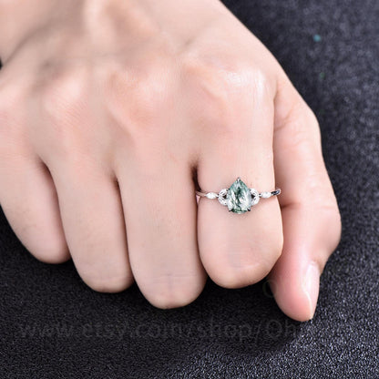 Vintage pear shaped moss agate engagement ring set rose gold art deco crown milgrain marquise cut moissanite ring for women wedding ring set