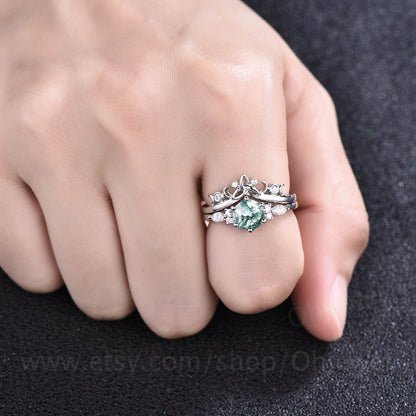 Hexagon green moss agate ring set gold silver vintage unique engagement ring set six prong art deco moissanite bridal wedding ring set women