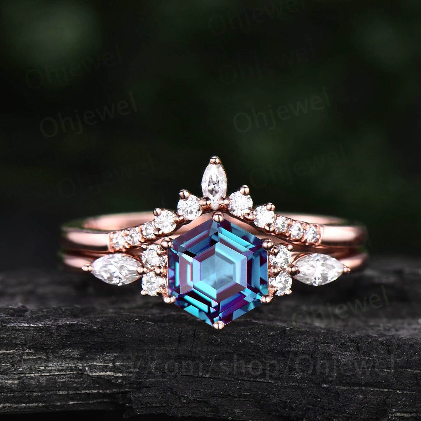 Vintage Alexandrite engagement ring set rose gold hexagon cut ring marquise cut moissanite ring dainty wedding ring set for women jewelry
