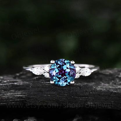 Rose gold ring Alexandrite ring for women vintage Alexandrite engagement ring June birthstone ring anniversary marquise cut moissanite ring