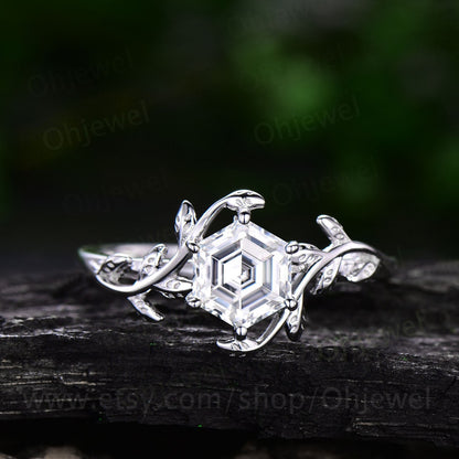 Vintage Hexagon moissanite engagement ring leaf flower unique solitaire 14k rose gold engagement ring bridal wedding ring for women silver