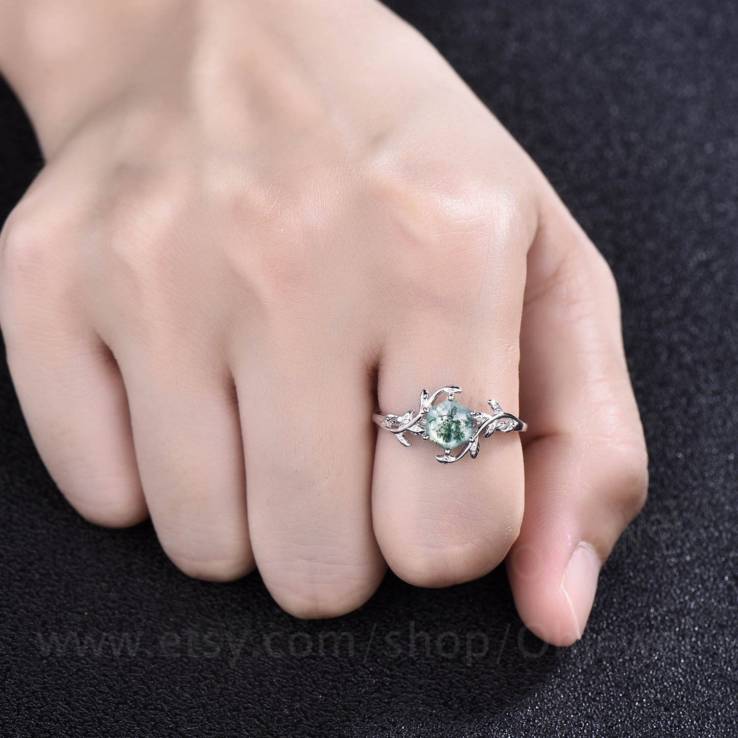 7mm Hexagon cut green moss agate engagement ring white gold leaf alternative nature inspired engagement ring for women promise ring her gift