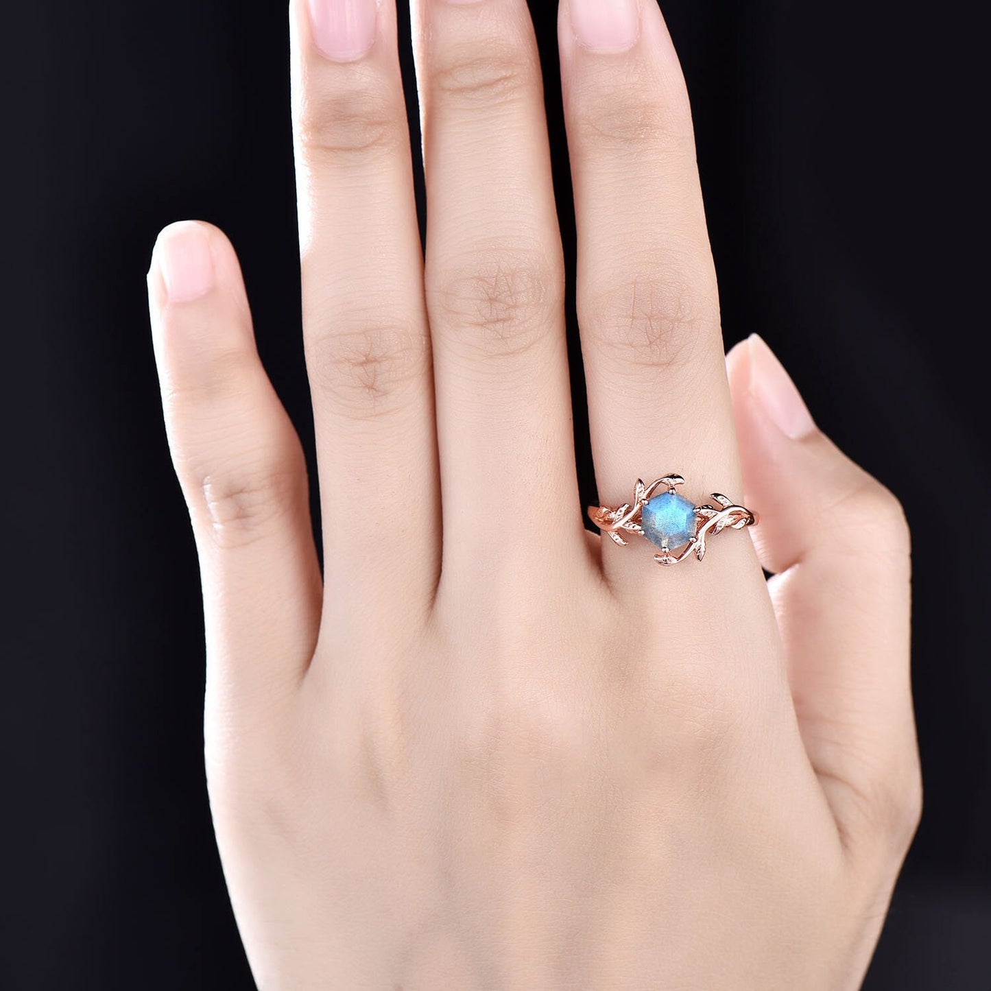 Vintage Hexagon Labradorite engagement ring leaf flower ring solitaire rose gold bridal ring blue Labradorite ring for women wedding ring