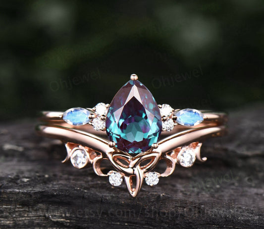 Unique pear shaped Alexandrite engagement ring set art deco vintage moonstone ring rose gold silver dainty moissanite wedding ring set women