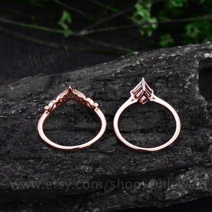 Kite cut rose quartz ring for women vintage unique solitaire rose quartz engagement ring set 14k rose gold silver moissanite bridal ring set